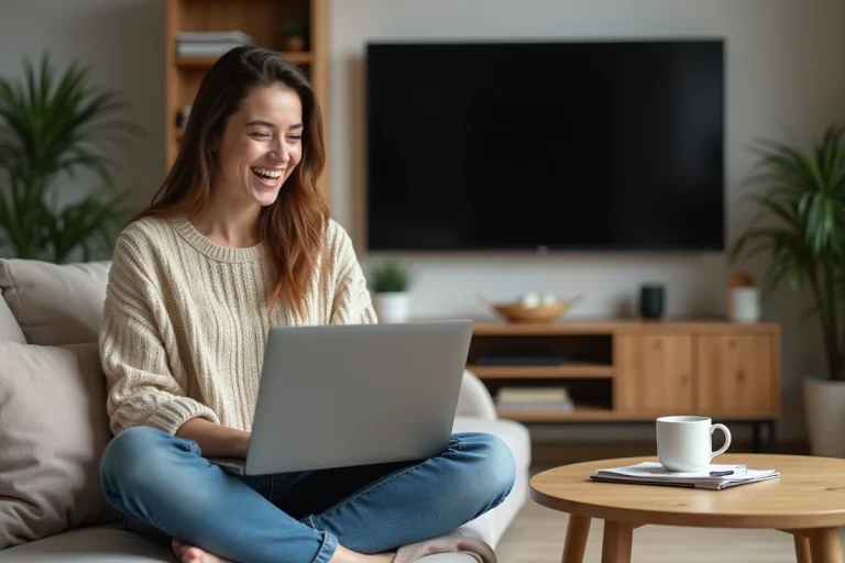 Jeune femme souriante regarde streaming dans son salon