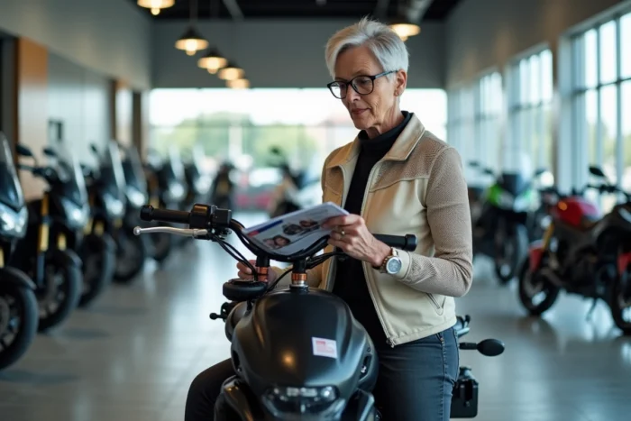 Femme senior assise sur une moto de tourisme en concession et consultant une brochure pour choisir sa moto à la retraite