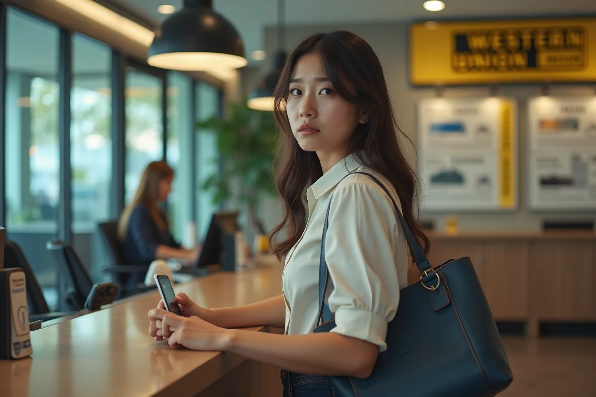 Jeune femme au comptoir Western Union dans un bureau moderne