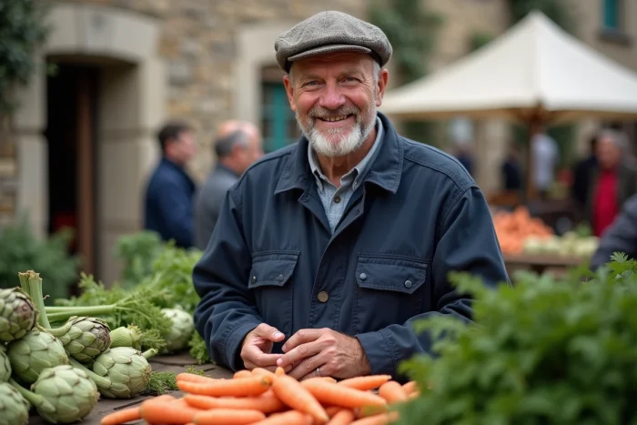 Fermeur breton souriant avec légumes frais au marché