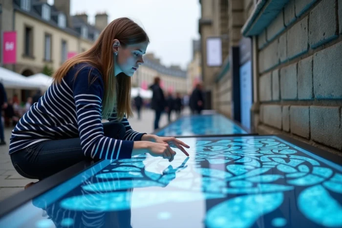 Jeune femme explorant une installation interactive d'art numérique génératif lors d'un festival culturel en Bretagne