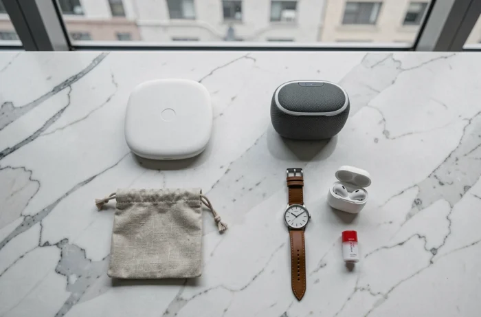 Flat lay d'accessoires du quotidien tendance sur marbre blanc incluant chargeur sans fil, écouteurs Bluetooth, montre en cuir et pochette en lin