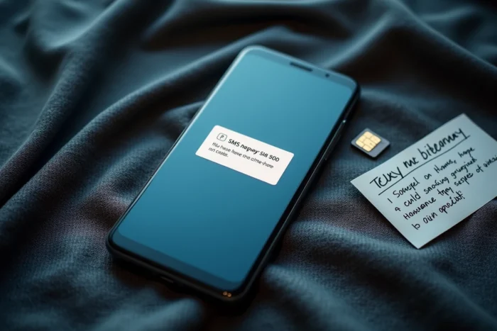 Vue de dessus d'un smartphone affichant un code d'erreur SMS Free avec carte SIM et notes de dépannage sur fond texturé