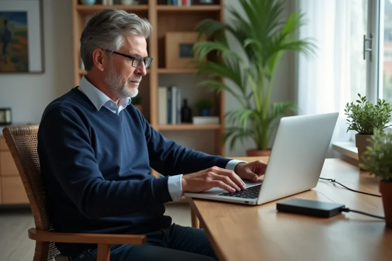 Homme d'âge moyen travaillant sur son ordinateur dans un bureau moderne