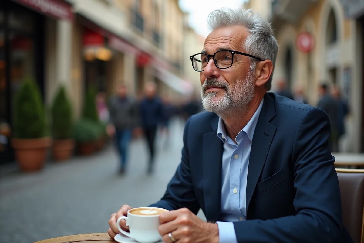 Homme portant des lunettes assis dans un café en ville