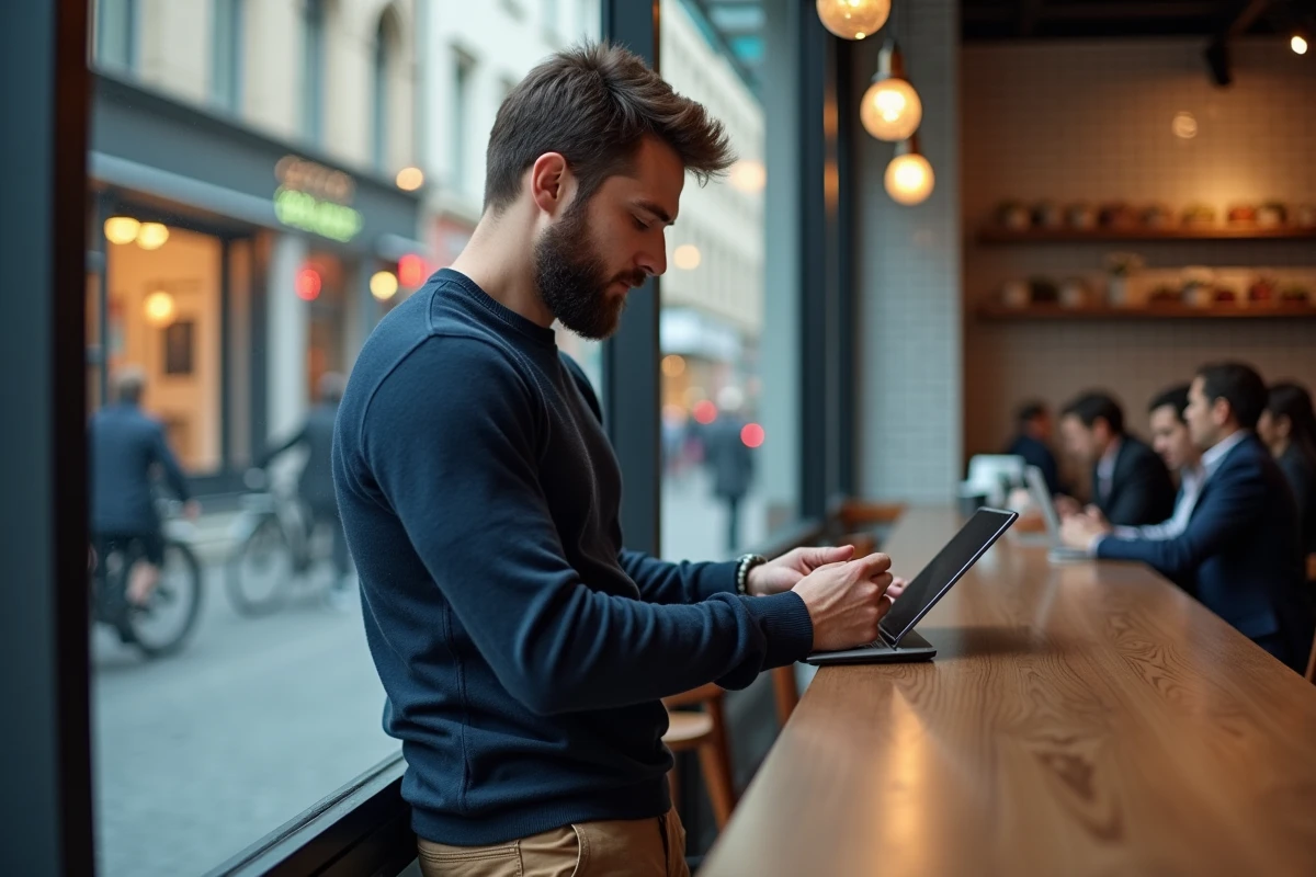 Homme barbu au café utilisant une tablette en ville