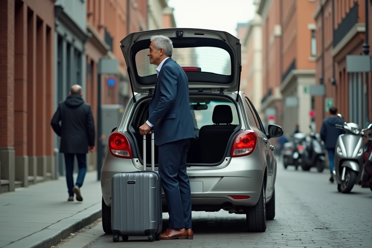 Homme chargé une valise dans une voiture en ville avec bâtiments et scooters en arrière-plan