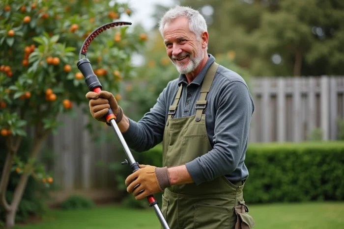Homme examinant une élagueuse sur perche sans fil dans un jardin entretenu avec des arbres fruitiers
