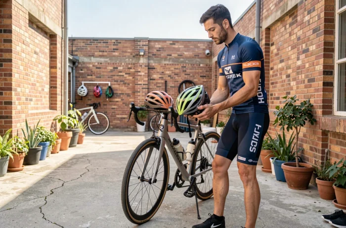 Homme comparant des casques de vélo à l'extérieur d'un magasin de sport avec un vélo de route à proximité