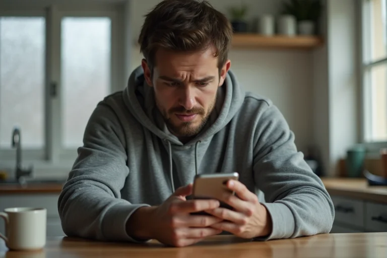 Homme frustré tenant un smartphone affichant une erreur SMS, assis dans une cuisine, illustrant le problème d'erreur 38 SMS Free