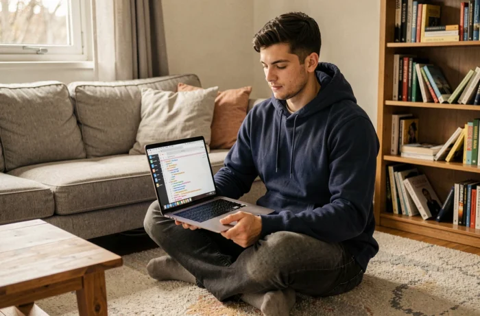 Un jeune homme navigue sur une page sitemap XML depuis son canapé avec un ordinateur portable