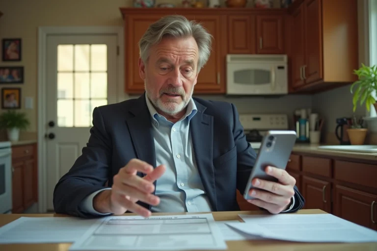 Homme d'âge moyen avec smartphone et formulaires Western Union