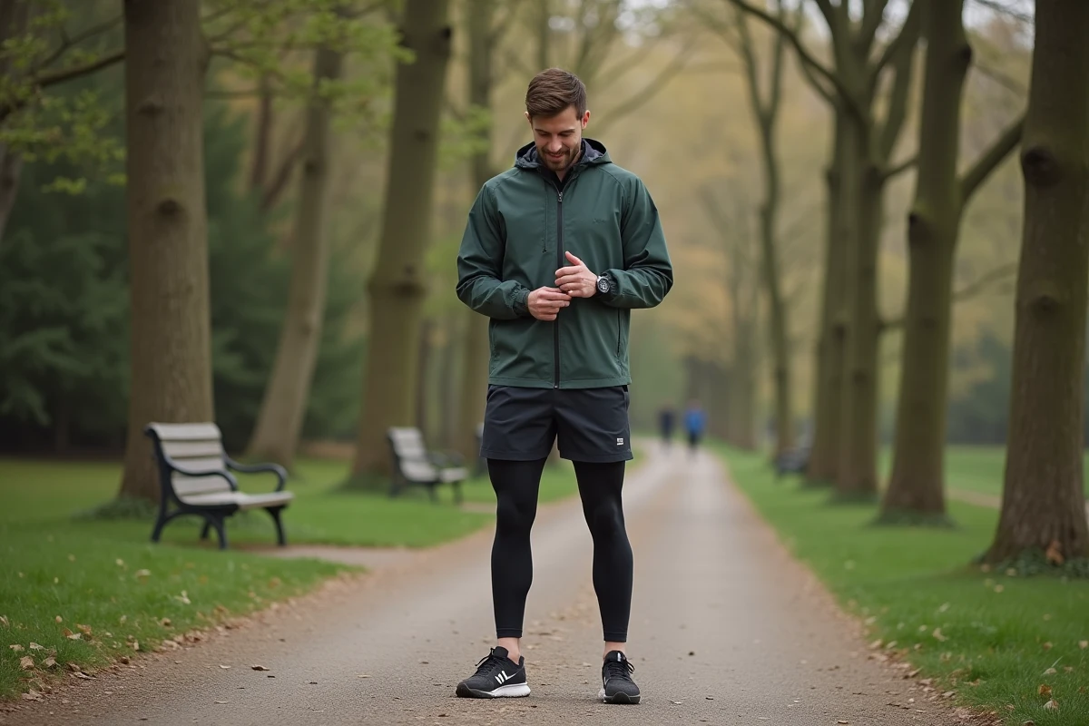 Jeune homme courant dans un parc vérifiant sa montre de sport
