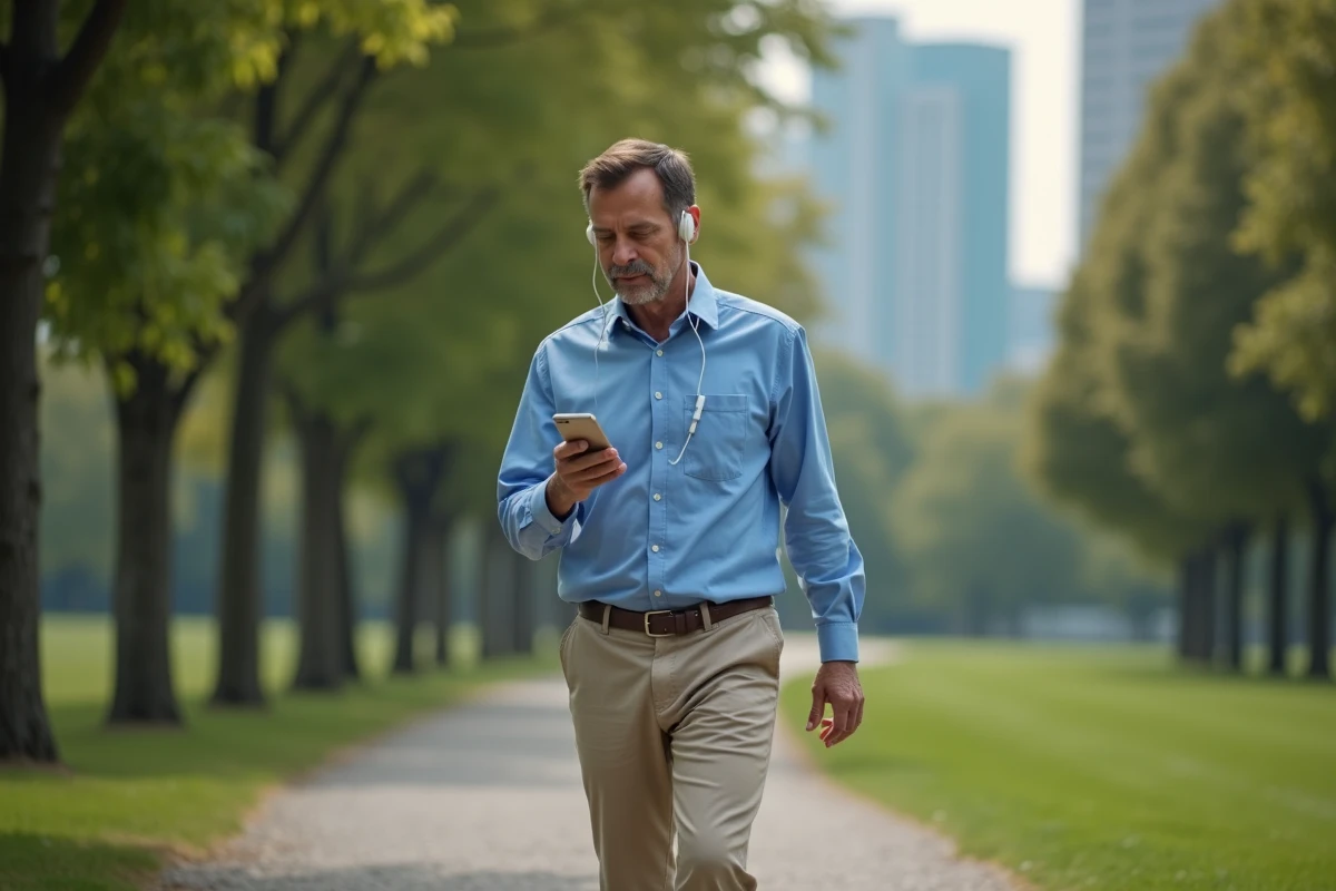 Homme marchant dans un parc urbain en écoutant un podcast