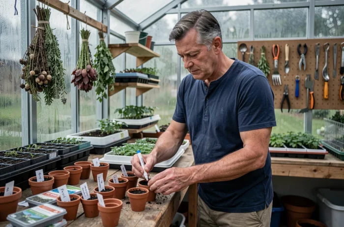 Homme organisant des sachets de graines et des pots dans une serre de jardinage maison