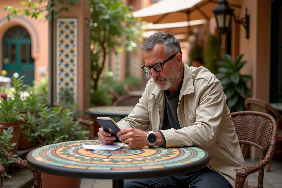 Homme vérifiant un tampon de voyage au Maroc
