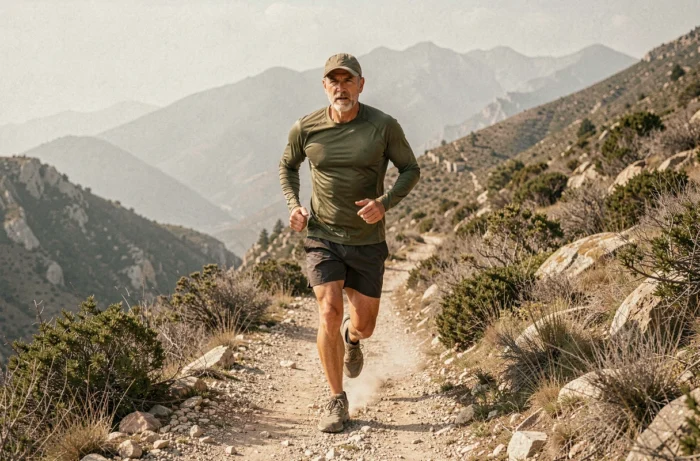 Coureur en trail portant une casquette kaki sur un sentier de montagne rocheux