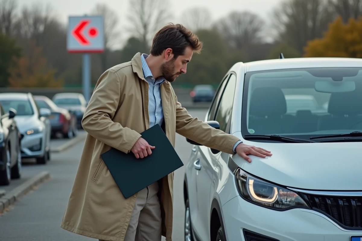 Homme inspectant une voiture de location dans un parking