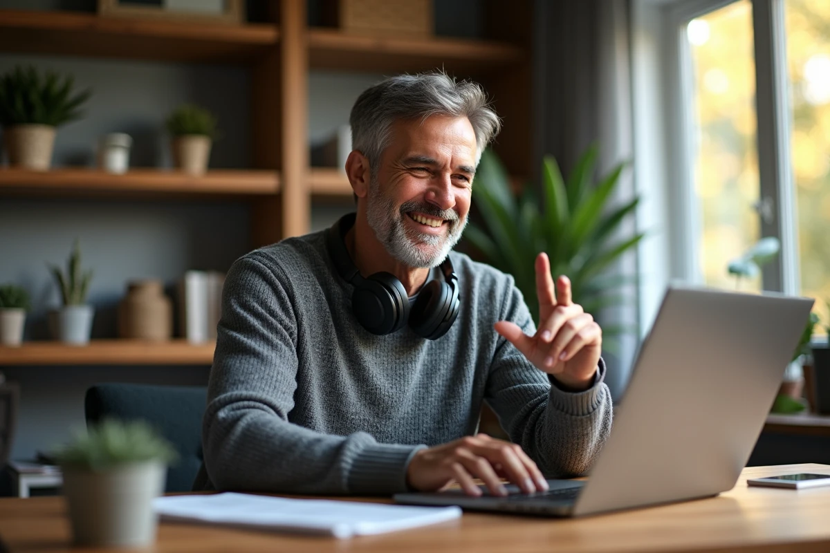 Homme en visio dans un bureau cosy et lumineux