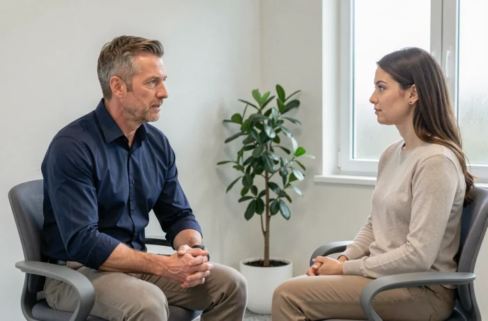 Hypnothérapeute professionnel en consultation avec une patiente dans un cabinet de bien-être moderne, représentant une séance d'hypnose thérapeutique pour la perte de poids