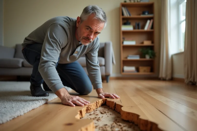 Homme inspectant un plancher en bois gondolé et affaissé dans un salon résidentiel, signe avant-coureur d'un effondrement de plancher