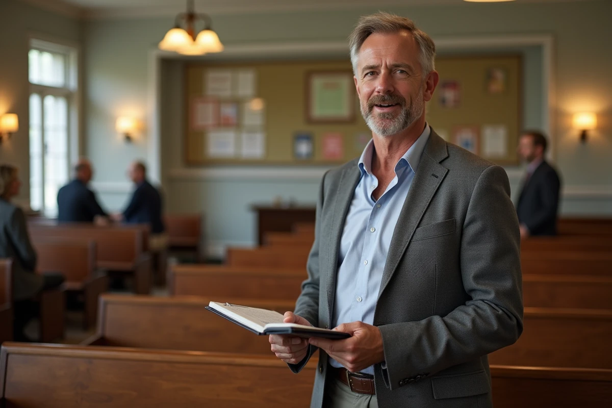 Homme reporter interviewant un résident dans une salle municipale