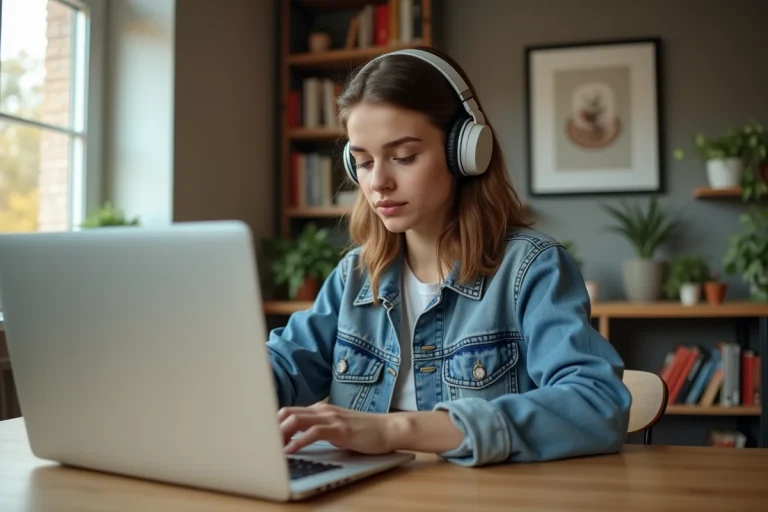Jeune femme en denim et casque travaillant à son bureau
