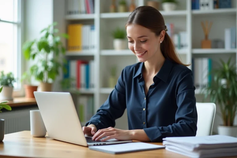 Jeune femme professionnelle travaillant sur son ordinateur dans un bureau moderne