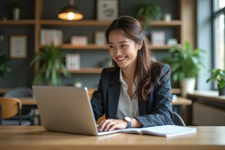 Femme professionnelle souriante dans un bureau moderne