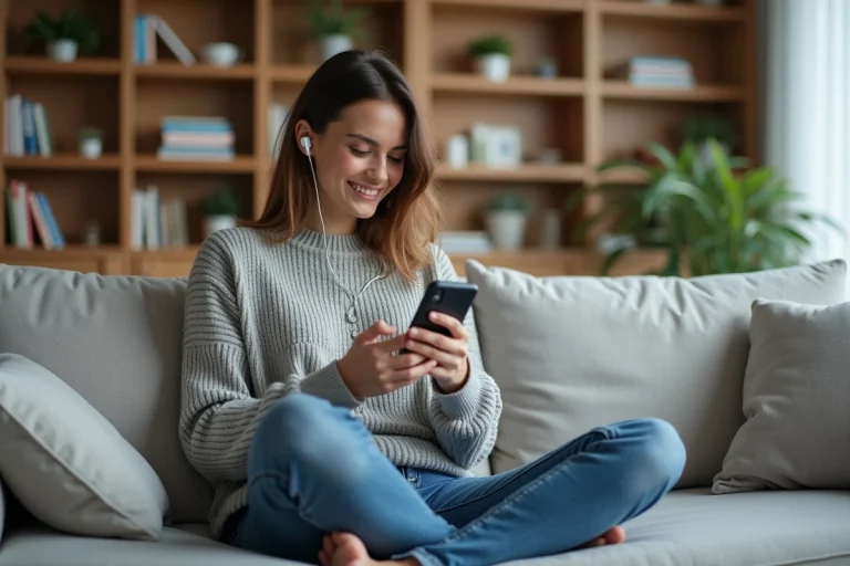 Jeune femme souriante écoutant un podcast dans son salon cosy