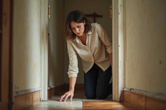 Femme pointant une jonction de sol irrégulière et un écart entre deux revêtements de sol dans un couloir d'appartement ancien, signe d'instabilité structurelle