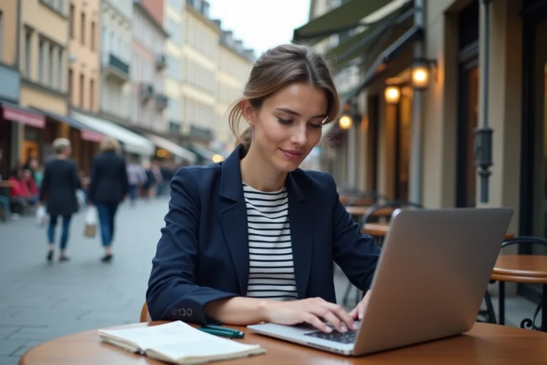 Jeune journaliste féminine travaillant en extérieur dans un café urbain