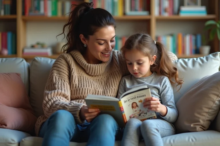 Maman et fille regardent un DVD Les Visiteurs dans un salon chaleureux