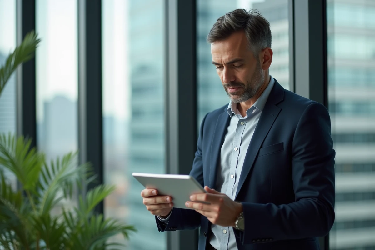 Manager regardant ses notes sur une tablette dans un bureau lumineux