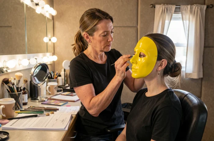 Maquilleuse appliquant les finitions sur le masque jaune de Fantômette dans une loge de maquillage professionnelle lors d'un tournage cinématographique