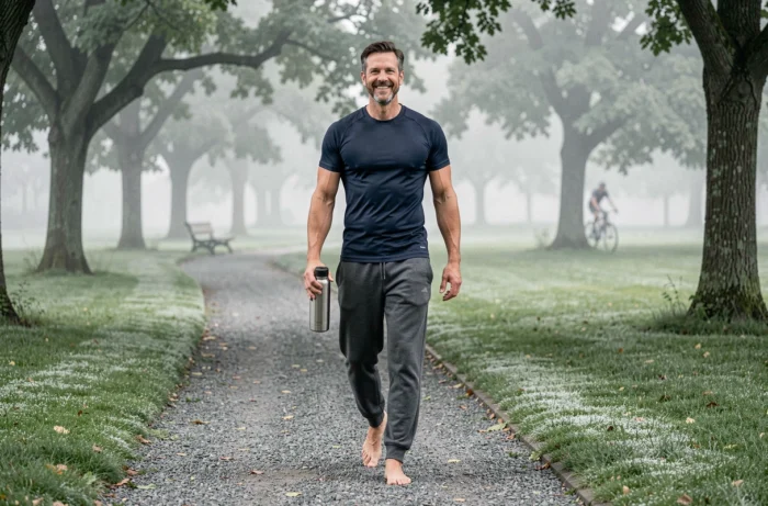 Homme marchant pieds nus dans un parc verdoyant le matin dans le cadre d'une routine bien-être simple et durable