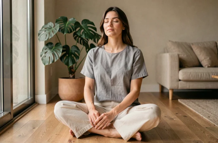 Femme pratiquant la méditation matinale sur le sol en bois de son salon minimaliste pour améliorer son bien-être quotidien