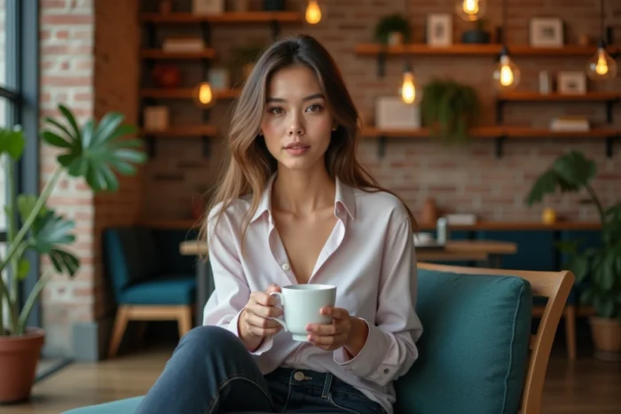 Jeune femme de la télé-réalité dans un café urbain moderne, regard direct et expression détendue
