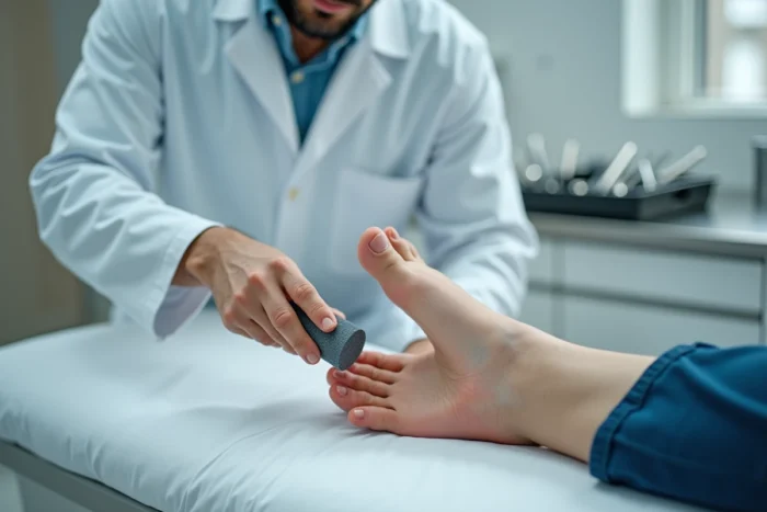 Podologue réalisant un soin de pédicurie médicale pour traiter les cors aux pieds d'un sportif