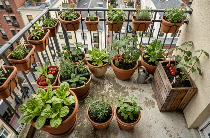 Vue aérienne d'un potager urbain sur balcon avec des plantes aromatiques et des légumes en pots
