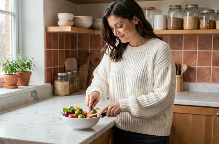 Jeune femme préparant un bol nutritif de fruits et légumes frais dans une cuisine naturelle pour adopter de saines habitudes alimentaires