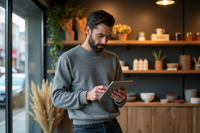 Propriétaire de boutique mettant à jour la présence en ligne de son commerce local sur une tablette