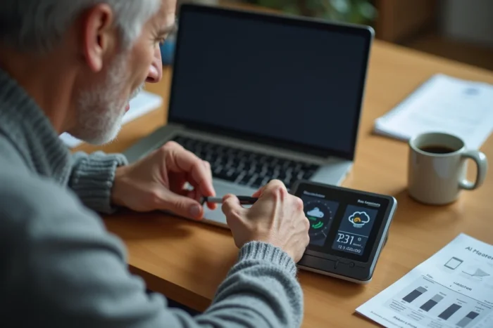 Homme appuyant sur le bouton de réinitialisation d'une station météo La Crosse Technology avec un stylo à bille sur un bureau en bois