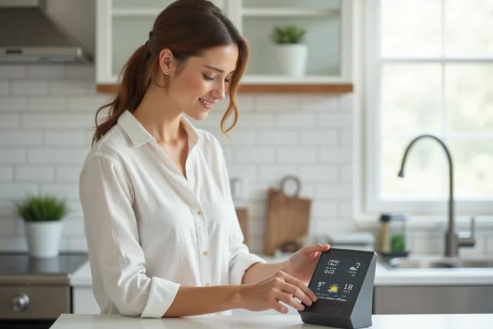 Femme retirant le compartiment à piles d'une station météo La Crosse Technology dans une cuisine moderne pour la réinitialiser