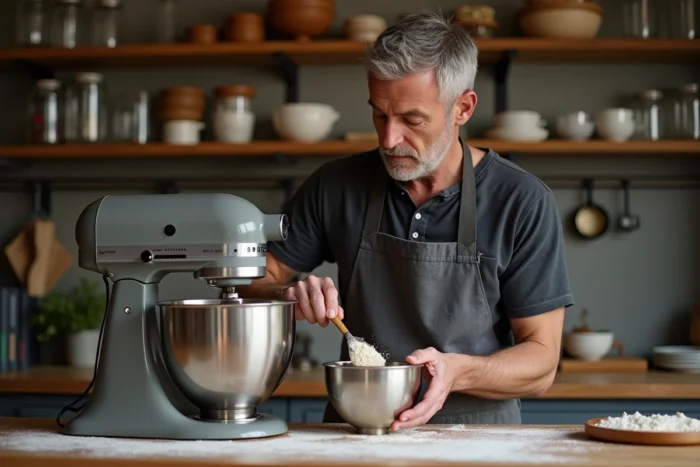 Homme utilisant un robot pâtissier dans une cuisine familiale lors d'une session de pâtisserie du week-end