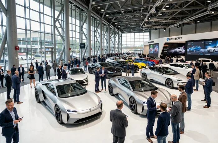 Hall d'exposition d'un salon automobile international avec prototypes et concept cars entourés de visiteurs et d'ingénieurs en 2024