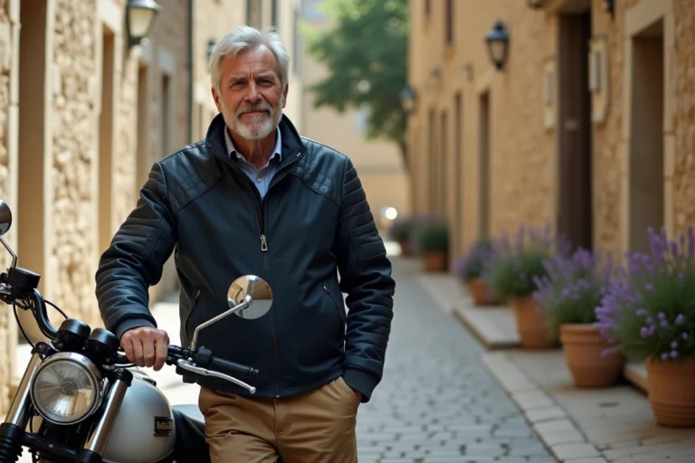 Homme senior confiant posant à côté d'une moto cruiser adaptée dans une cour de village français ensoleillée