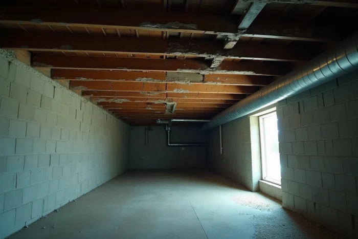 Vue en contre-plongée d'un plafond de sous-sol avec solives fissurées et affaissées, indicateurs structurels d'un risque d'effondrement de plancher