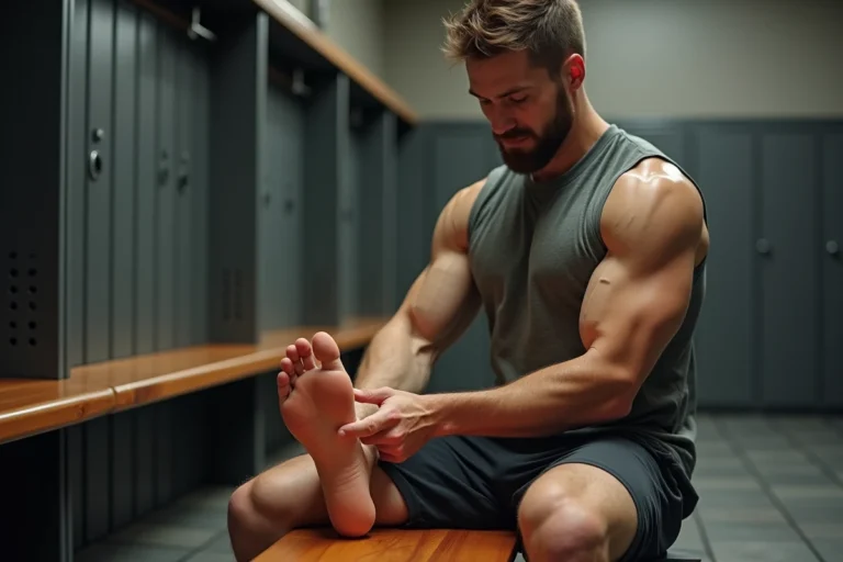 Sportif examinant une corne sous son pied dans un vestiaire de salle de sport