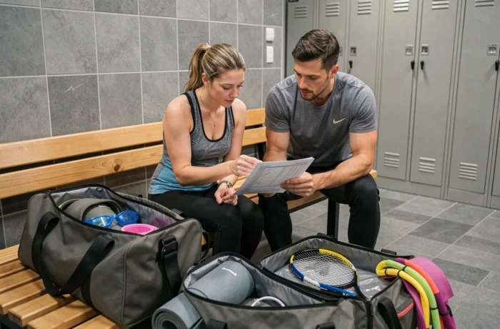 Deux sportifs consultant une liste d'équipements dans un vestiaire avec des affaires de sport variées